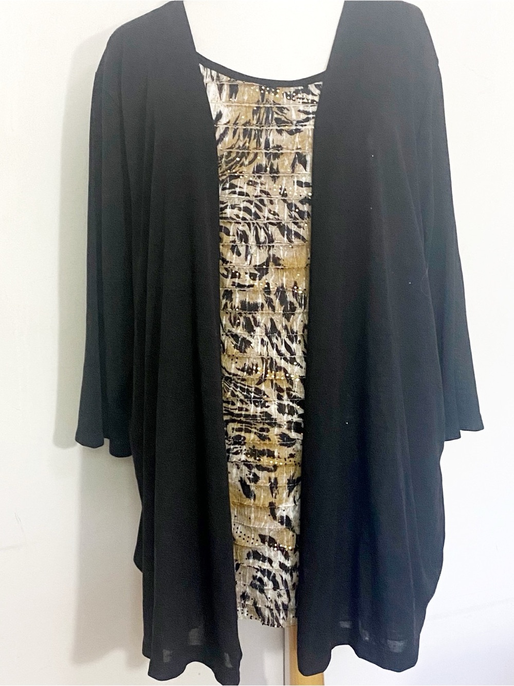 CJ Banks 2-Fer Black Open-Front Cardigan with Gold Patterned Front Panel 3X